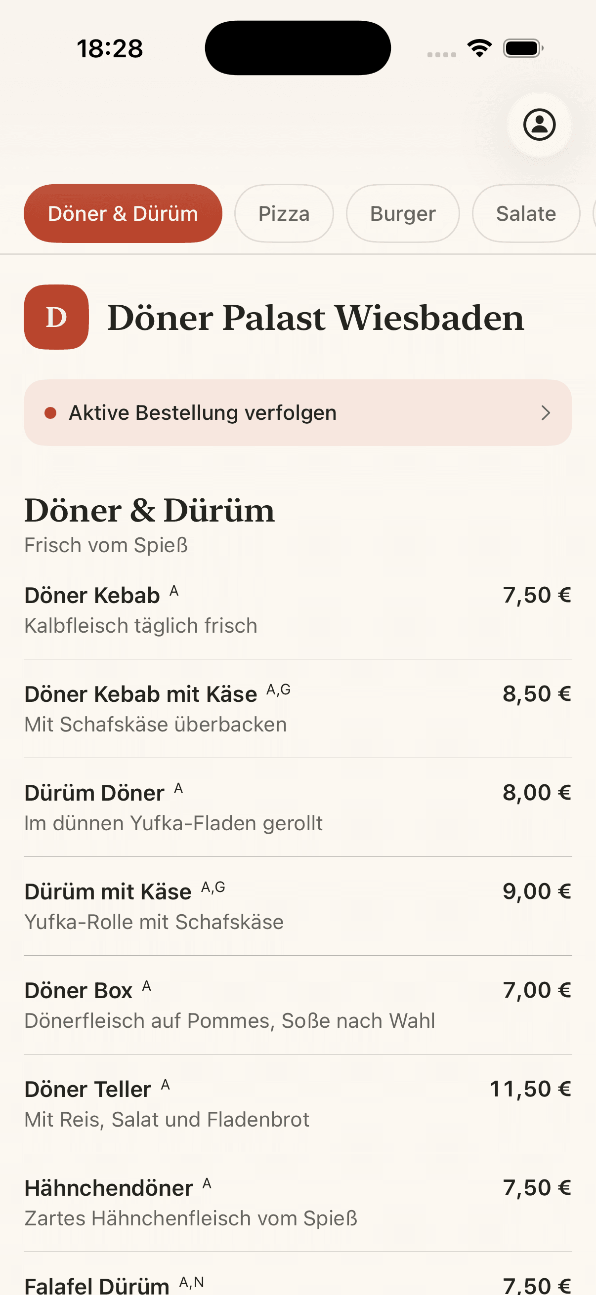 Produktkonfiguration in der Döner Palast iOS-App
