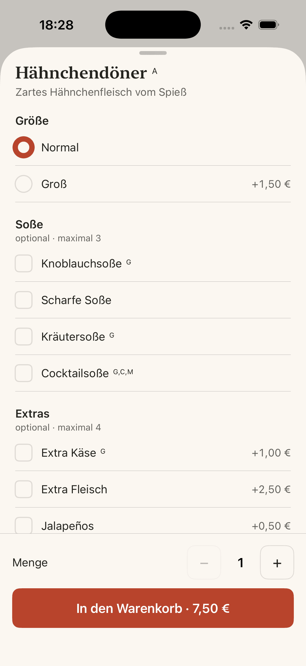 Produktkonfiguration in der Döner Palast iOS-App