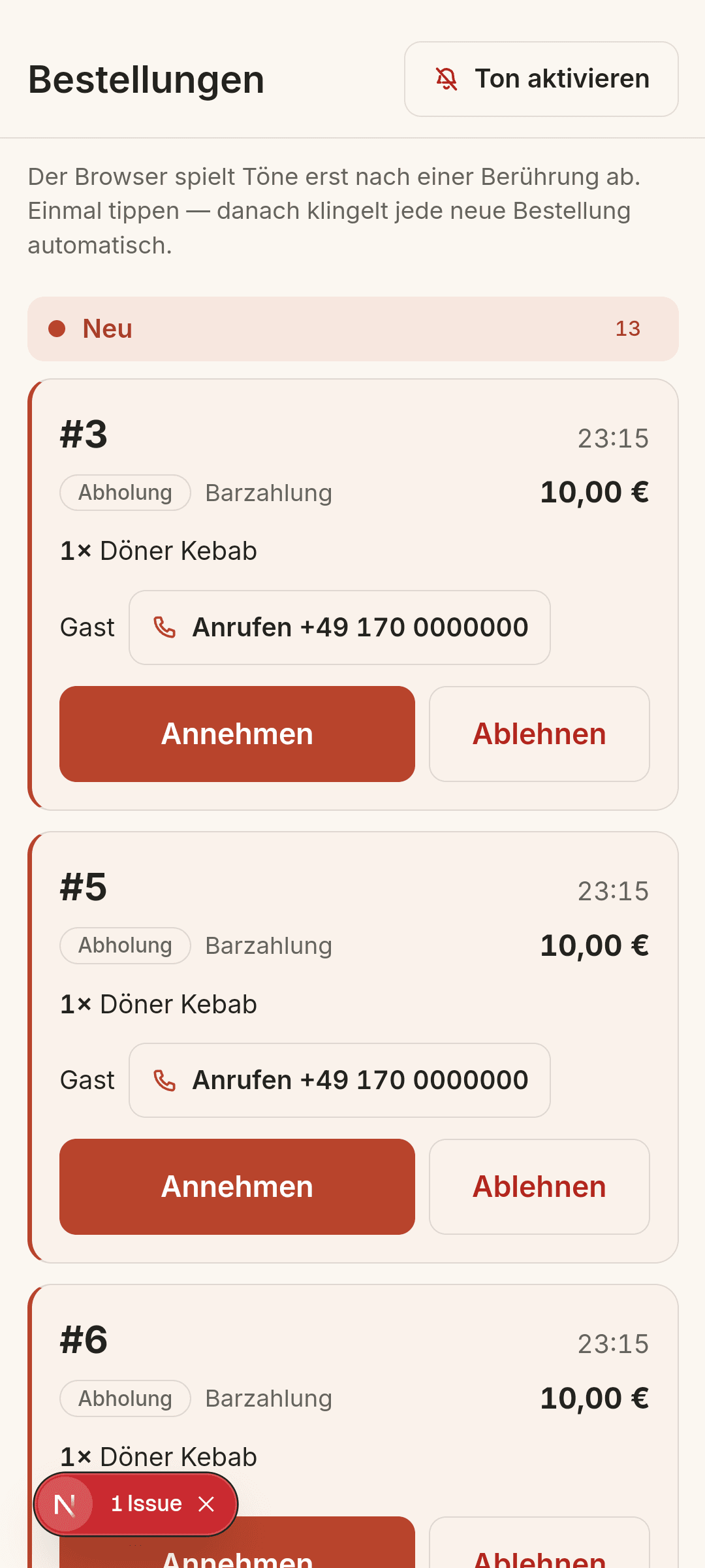 SUNMI Bestellterminal mit neuen Bestellungen